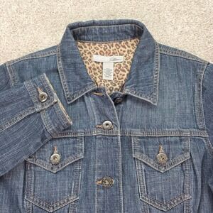 Chicos Platinum Denim Jacket Leopard Print Trim Medium Wash Blue Size 1 Size 8